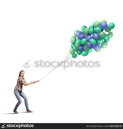 Bunch of balloons. Young pretty woman with big bunch of colorful balloons