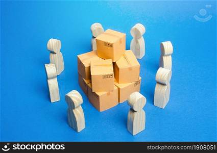 Bunch of boxes surrounded by people. Joint purchases, directly from manufacturer. Business process organization of distribution retail of goods. Marketing and market research. Production collaboration