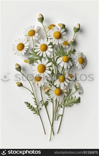 Bunch of chamomile flowers over blue background. Illustration Generative AI 
