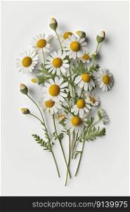 Bunch of chamomile flowers over blue background. Illustration Generative AI 