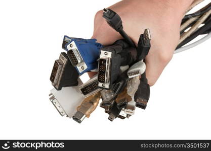 bunch of computer cables with sockets in hand isolated on a white background