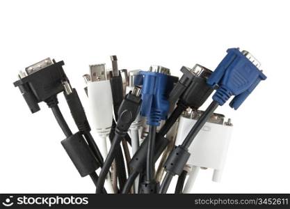 bunch of computer cables with sockets isolated on a white background