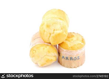 "bunch of delicious "bolo de arroz" or rice muffins, typical pasty from Portugal (isolated on white background)"