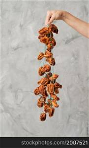 Bunch of dried persimmons is held in her hand by a girl, gray background. Dried persimmon, a traditional Japanese food dessert. Vertical frame, selective focus.