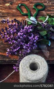 bunch of fresh blooming fragrant lavender on wooden background