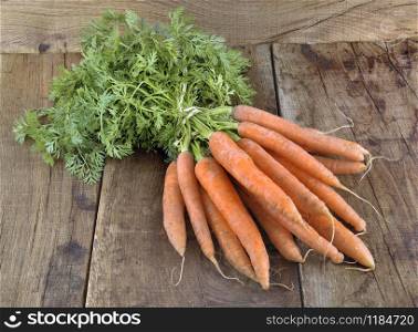 bunch of fresh carrots on rustic wooden background