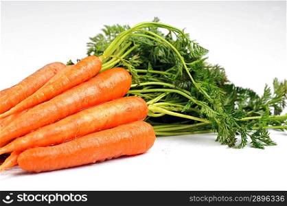 Bunch of fresh carrots with leaves on white background