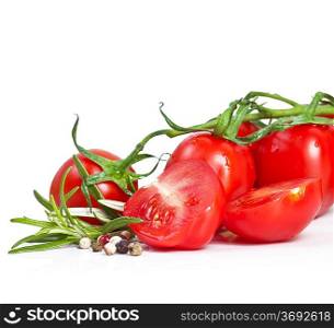 Bunch of fresh cherry tomato with basil, on white background