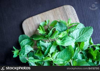Bunch of fresh mint closeup view on a wooden cutting board. Bunch of fresh mint on a wooden cutting board