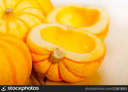 bunch of fresh yellow pumpkins just collected from garden