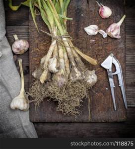 bunch of fresh young garlic tied with a rope on a brown wooden board, top view