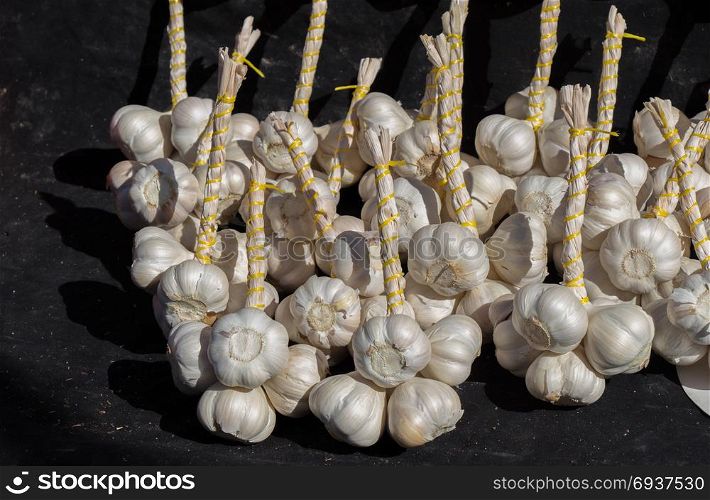 Bunch of garlic bulbs at the market place