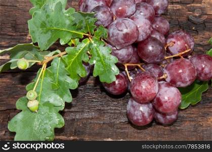 Bunch of grapes and oak leaf on the old wooden table top