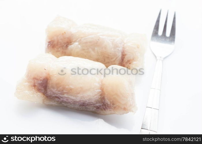 Bunch of mush banan filling with fork isolated on white background, stock photo