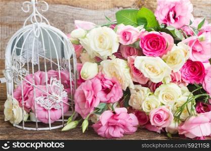 bunch of pink and white fresh roses and eustoma flowers . pink and white flowers