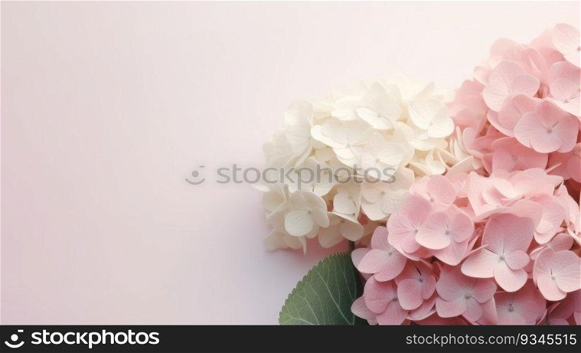 Bunch of pink and white hydrangeas on light pink background with copy space. Created using AI Generated technology and image editing software.