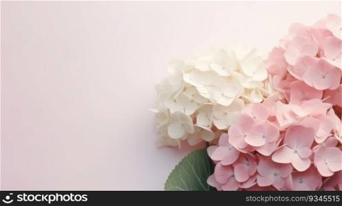 Bunch of pink and white hydrangeas on light pink background with copy space. Created using AI Generated technology and image editing software.