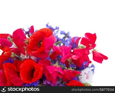 Bunch of Poppy, sweet pea and corn flowers close up isolated on white background