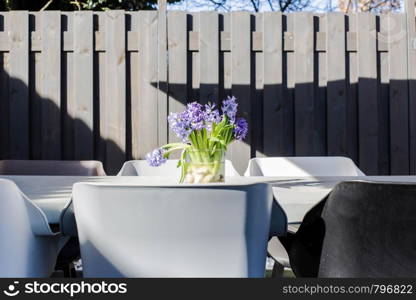 bunch of purple flowers in vase on garden table, colorful sunny garden spring season. bunch of purple flowers in vase on garden table, colorful sunny garden