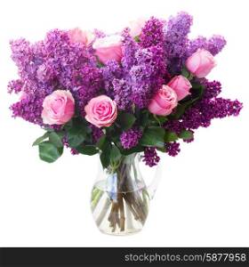 Bunch of purple Lilac flowers with pink roses in vase isolated on white background. Lilac flowers