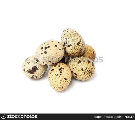 bunch of raw quail eggs isolated on white background, diet food