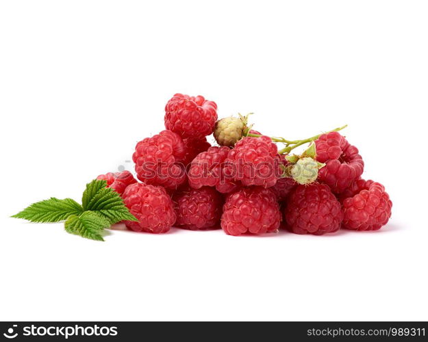 bunch of red ripe raspberries and green leaf on a white background, summer sweet crop