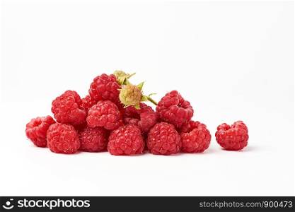 bunch of red ripe raspberries on a white background, summer sweet crop