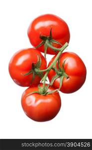 bunch of red tomatoes isolated on white, top view
