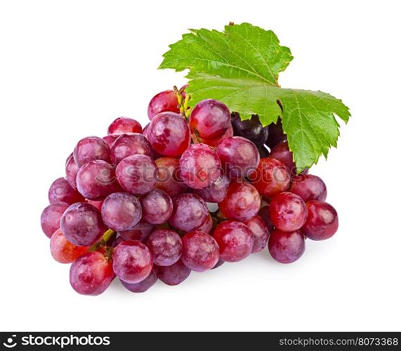 bunch of ripe red grapes with leaves isolated on white background