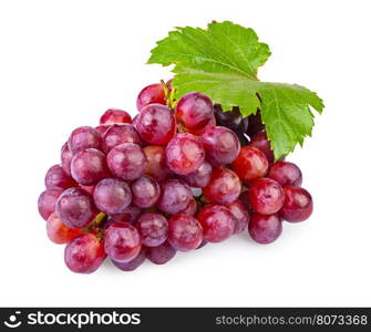 bunch of ripe red grapes with leaves isolated on white background