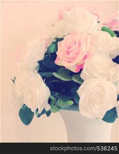 Bunch of rose in vase for decoration with retro filter effect