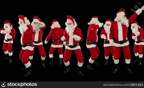 Bunch of Santa Claus Dancing Against Black, Christmas Holiday Background, Alpha Matte