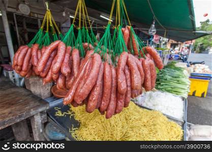 Bunch of sausage sell in fresh food market,Thailand