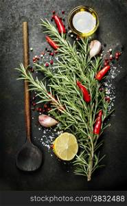 Bunch of spices and old spoon on dark vintage background. Cooking, vegetarian food or health concept.