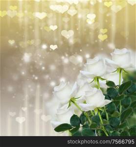 bunch of white rose on sparkling silver and gold background