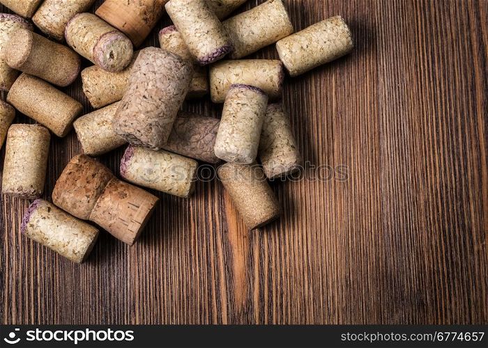Bunch of wine corks on wooden table