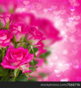 bunch pink roses on bokeh background with hearts