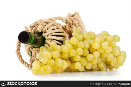 Bunches of grapes with bottle isolated on white background.