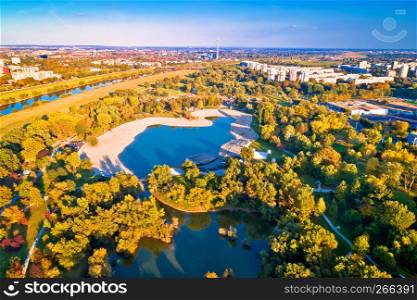 Bundek lake and city of Zagreb aerial autumn view, capital of Croatia
