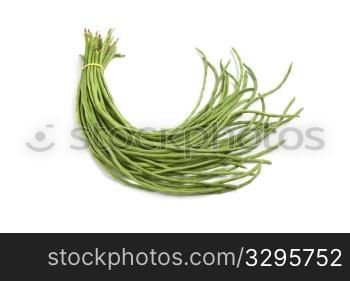 Bundle of fresh Chinese long beans on white background