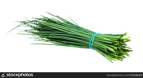 bundle of fresh leaves of Chives isolated on white background. bundle of fresh leaves of Chives isolated on white