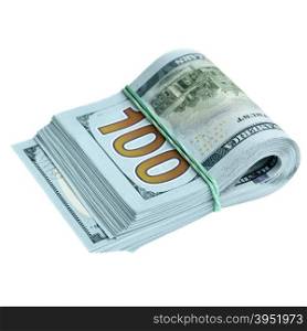 Bundle of new hundred dollar bills isolated over the white background