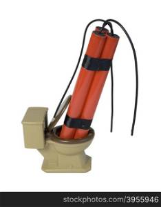 Bundle of red sticks of dynamite with long fuses in a toilet - path included