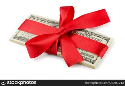 Bundle of US dollars tied with red ribbon isolated on white
