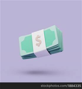 Bundles cash on purple background. Money-saving, cashless. Simple 3d render illustration with soft shadows. Bundles cash on purple background. Money-saving, cashless. Simple 3d render illustration.