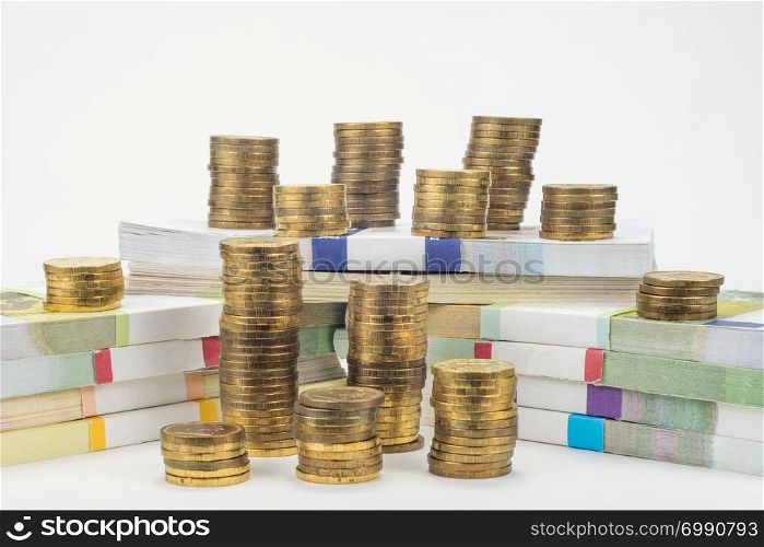 Bundles of bills around are stacks of coins
