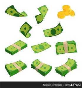 Bundles of dollars isolated on white background. Different banknotes set. Money cash and finance stack. Vector illustration. Bundles of dollars isolated on white background. Different banknotes set