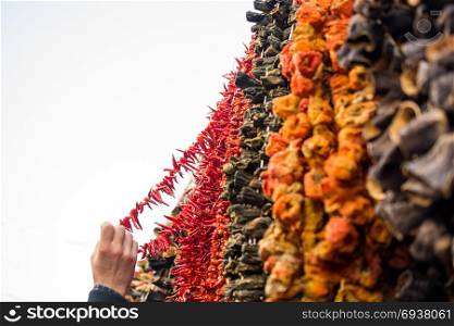 Bundles of red vegetables drying in the sun