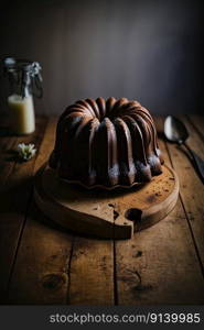 Bundt Cake on a wooden table. Illustration Generative AI 