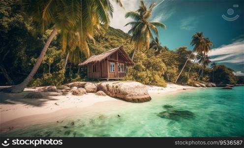 Bungalow in tropical beach.  Cozy wooden touristic cabin.  AI Generated